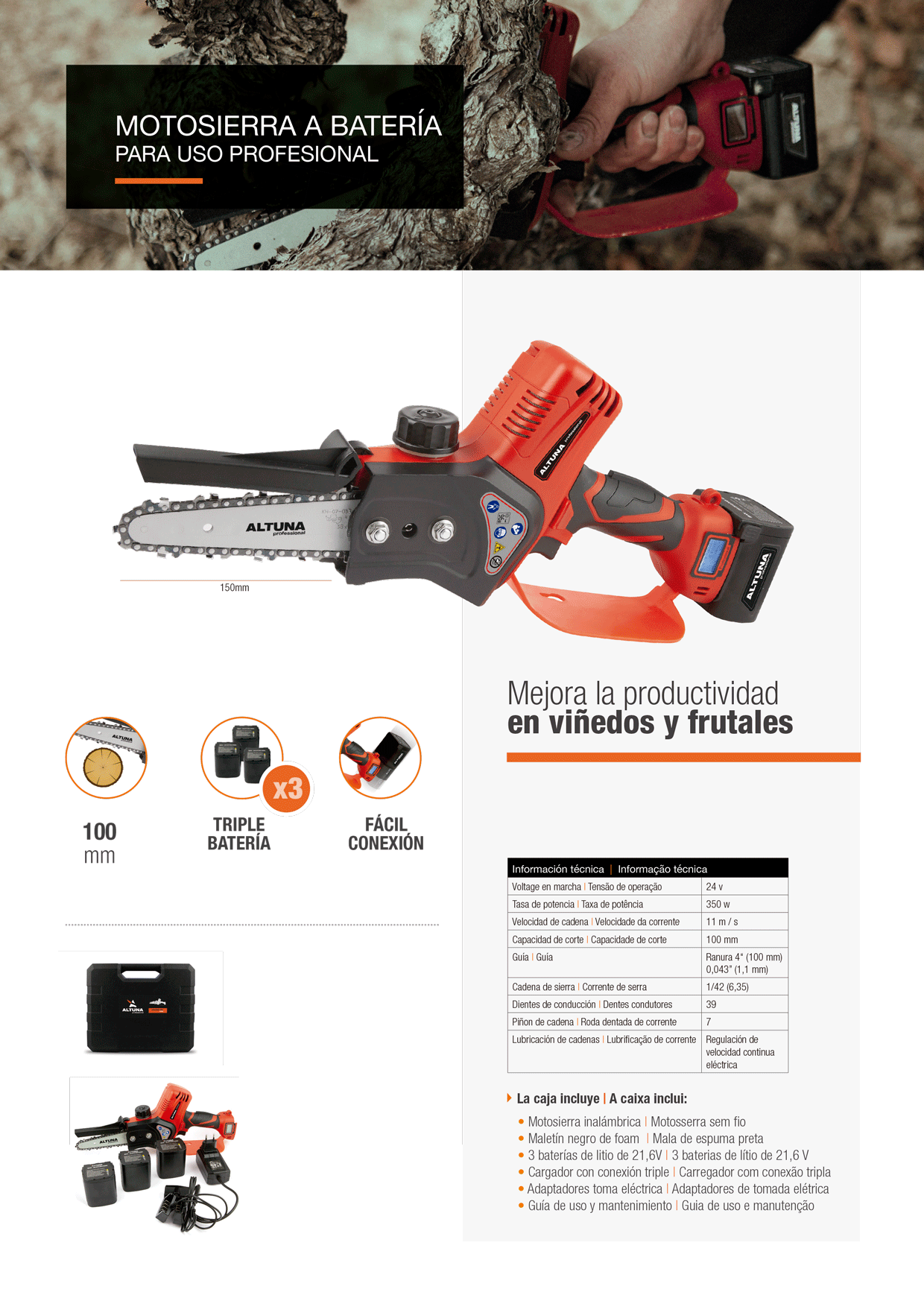 MOTOSIERRA A BATERÍA ALTUNA AB100-MS (100MM) - Repuestos Agrícolas Román