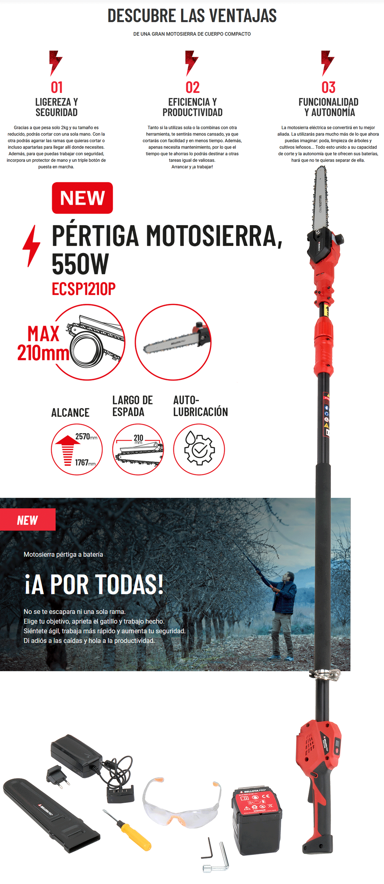 MOTOSIERRA PÉRTIGA A BATERÍA BELLOTA ECSP1210P (210MM) - I.V.A Y PORTES  INCLUIDOS - Suministros Agrícolas